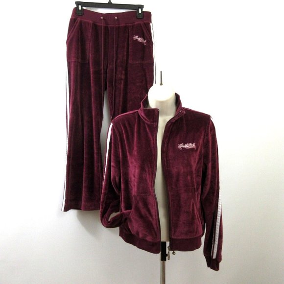 VTG Hale Bob Y2K Track Suit Large Maroon White Stripe Logo Velour Full Zip 2-PC - Picture 4 of 6